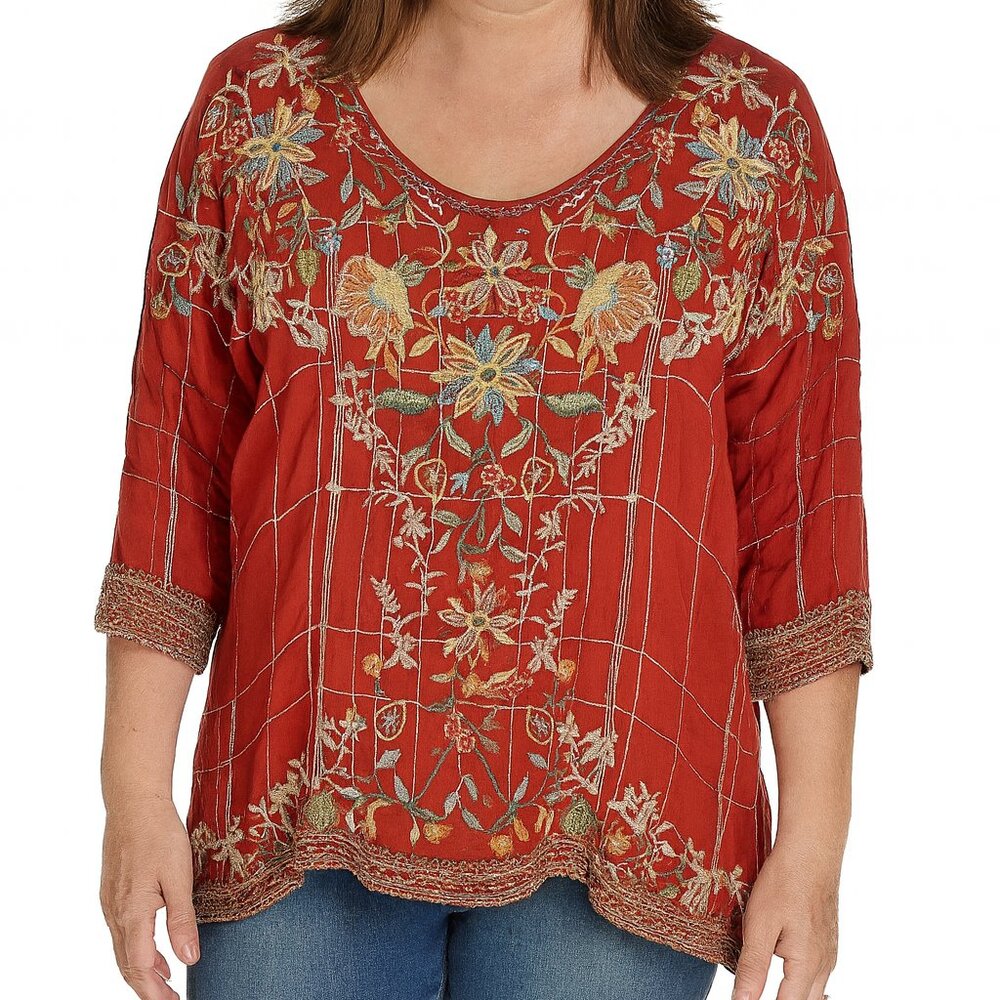 Johnny Was Sienna Shirt Top XL Cayenne Heavily Embroidered Side Slits Relaxed
